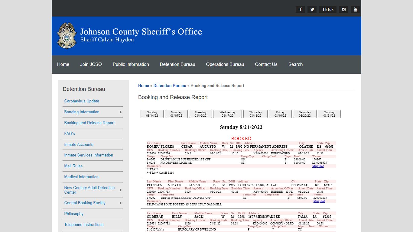 Booking and Release Report | Johnson County Sheriff